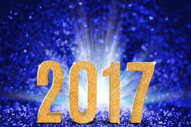 2017年新年，金色闪光纹理与白色探索光