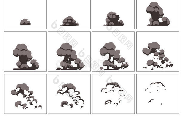 爆炸，卡通爆炸动画框架游戏。 暗背景上的雪碧片。 烟雾动画