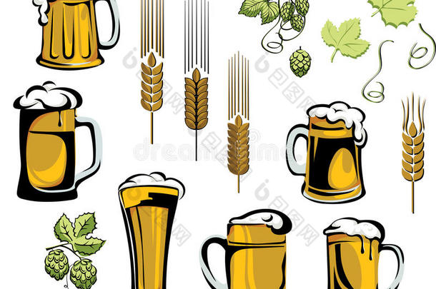啤酒，啤<strong>酒杯</strong>，啤酒花，<strong>矢量</strong>，颜色，黑色，插图，图形注册元素