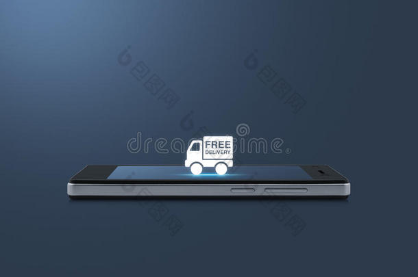 <strong>免费送</strong>货卡车图标在现代智能手机屏幕上轻
