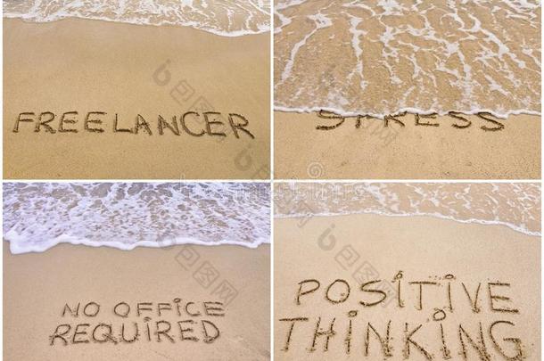 在沙子上写的放松信息的拼贴