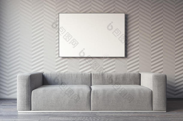 灰色沙发，墙上有帆布。 三维渲染