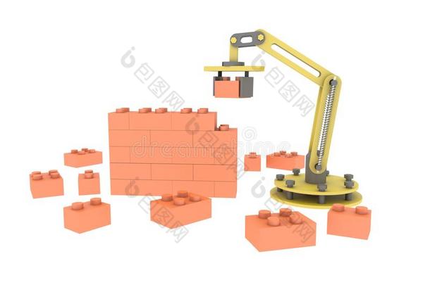 三维工业机器人<strong>机械臂</strong>建筑砖墙插图白色背景