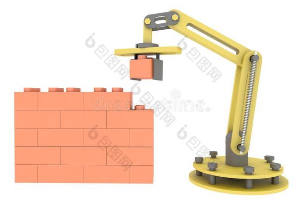 三维工业机器人机械臂建筑砖墙插图背景