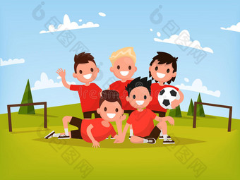 儿童足球队。男孩们在户外踢足球。矢量图片