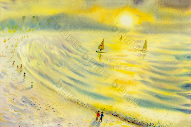 抽象水彩海景原画色彩斑斓的航海假期