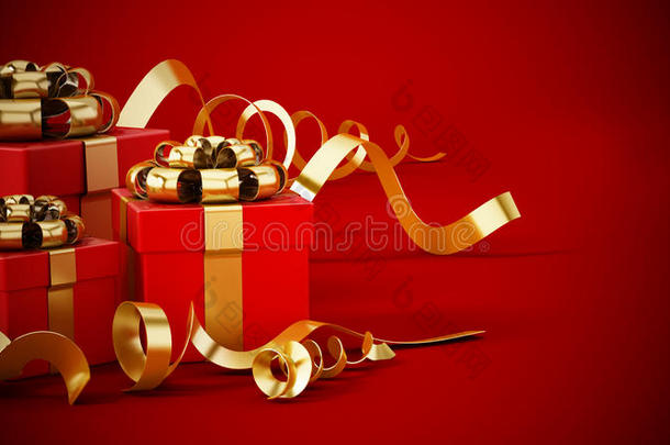 礼品盒包裹着<strong>金色丝带</strong>，站在红色的<strong>背景</strong>上。 三维插图