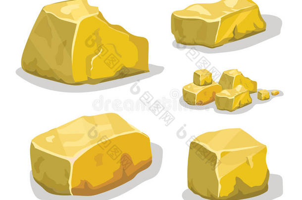 用于游戏设计的卡通金矿石或石头。 一组不同的金色巨石。 矢量插图。