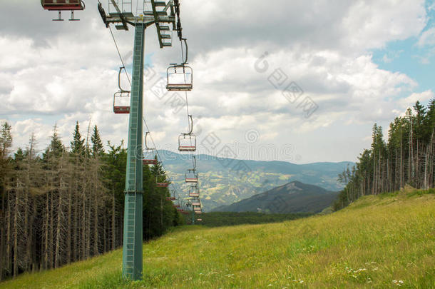 欧洲阿尔卑斯山的椅子升降滑雪升降机。