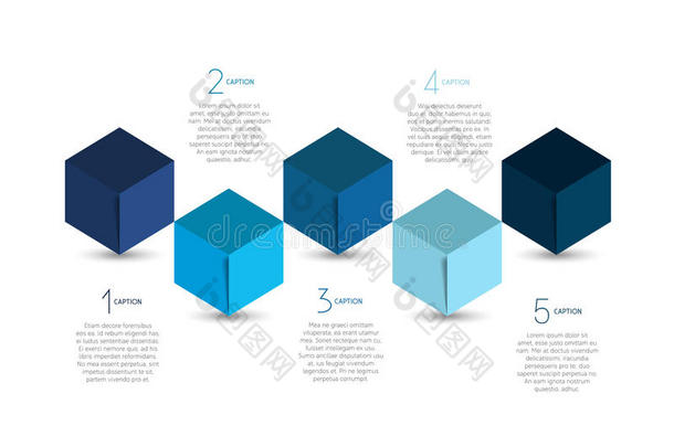 立方体信息图形选项横幅，模板，方案，图表，文本布局。 五步设计。
