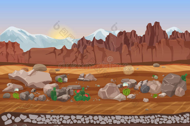 卡通草原干石沙漠景观与仙人掌，山，岩石和沙子。