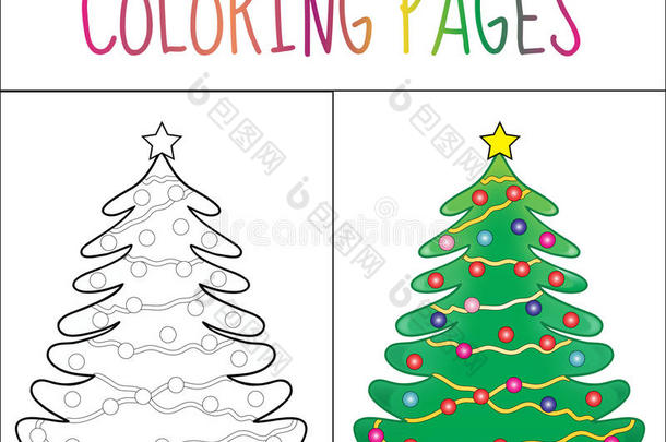 着色书页，圣诞树新年，圣诞节。 草图和颜色版本。 给孩子着色。 矢量插图