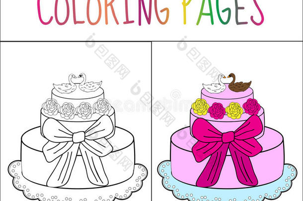 着色书页蛋糕。 草图和颜色版本。 给孩子着色。 矢量插图