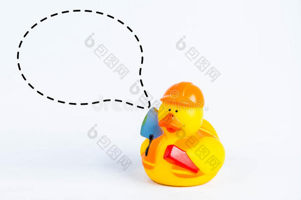 白色背景上有标注符号的浴鸭，鸭子玩具，可爱的黄色橡胶鸭