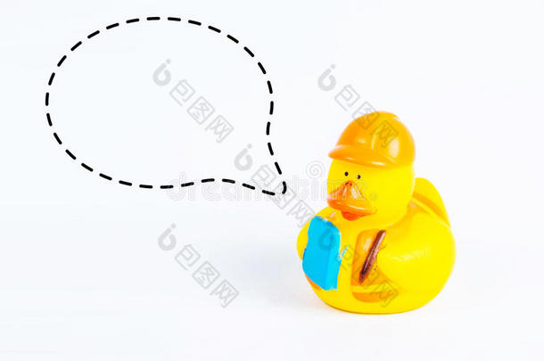 白色背景上有<strong>标注</strong>符号的浴鸭，鸭子玩具，可爱的黄色橡胶鸭