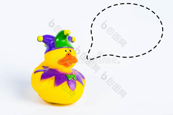 白色背景上有<strong>标注</strong>符号的浴鸭，鸭子玩具，可爱的黄色橡胶鸭