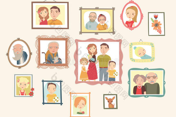家庭肖像画廊。 墙上的照片