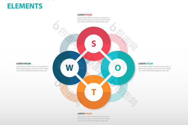 抽象彩色swot分析业务信息图形元素，演示模板平面设计矢量插图