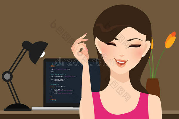 漂亮的女孩，女程序员职业，在笔记本电脑屏幕代码后面编程