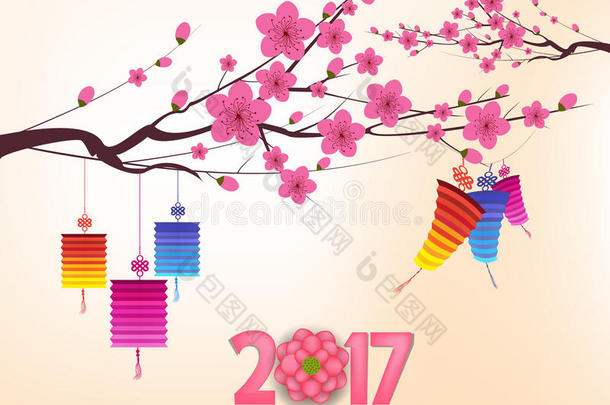 中国2017年新年，背景有灯笼和梅花