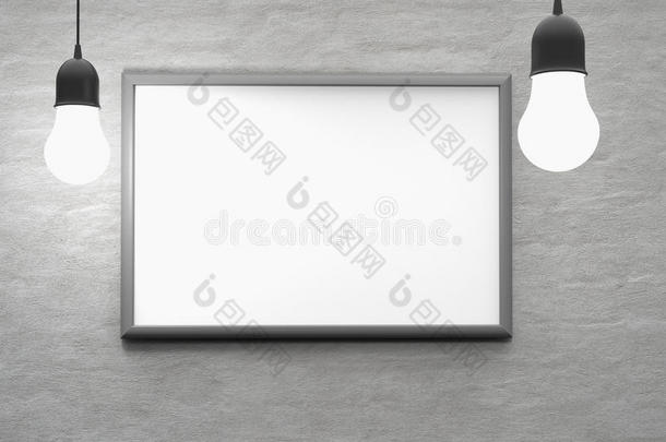 灯泡灯与框架在墙上为您的文字，标志，图像。 三维渲染。