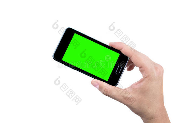 手<strong>拿手机</strong>智能<strong>手机</strong>与色度键绿色屏幕在白色背景
