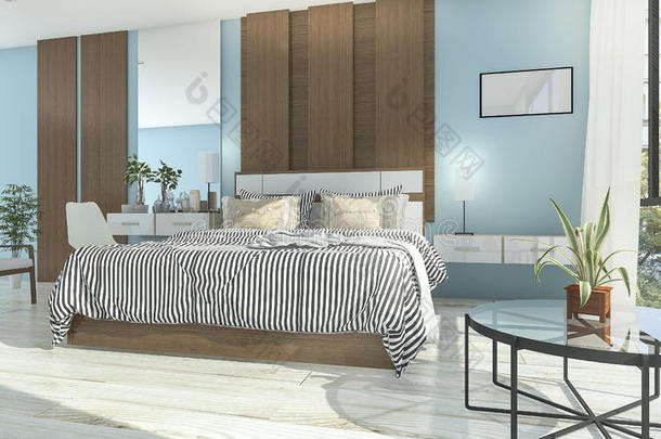 三维渲染蓝色复古卧室与温暖的气氛和良好的装饰