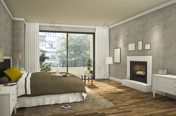 三维渲染明亮的漂亮卧室与温暖的光线