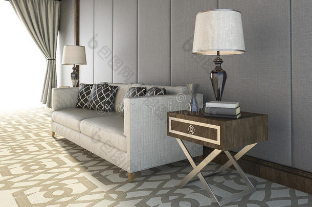 三维渲染美丽的白色沙发与漂亮的地毯在客厅