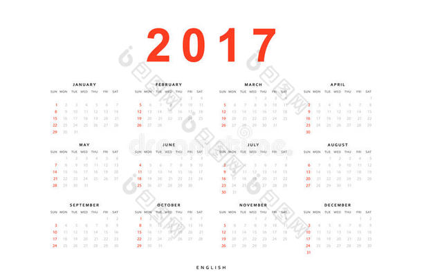 日历2017年简单模板印刷英文。