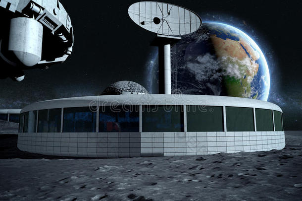 未来主义城市，基地，月球上的城镇。 地球的空间视图。 探险队。 三维渲染