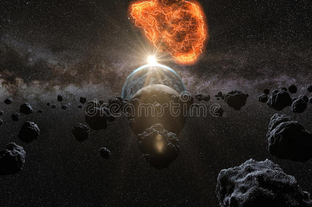 小行星飞行，<strong>陨石</strong>到地球。 外层空间。 世界末日。 三维渲染