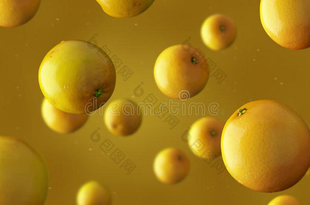在黄色背景下掉落橘子和水滴，3D渲染