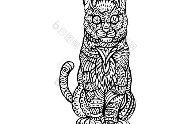 民族动物涂鸦细<strong>节</strong>图案-可爱的猫Zentangle<strong>插画</strong>