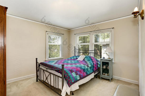卧室内部有五颜六色的床上用品和地毯地板。