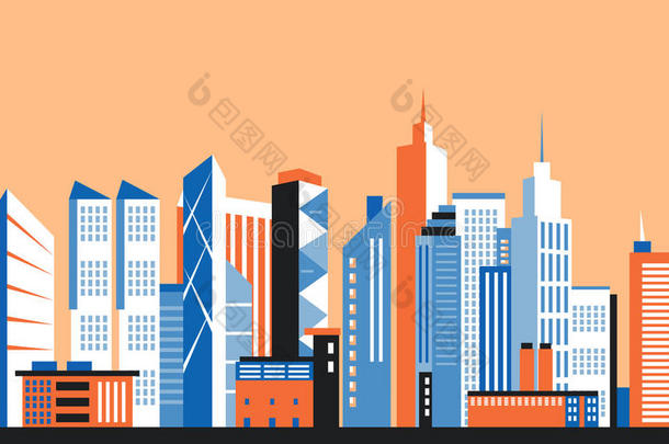 城市市中心的景观。 城里的摩天大楼。 平面矢量插图。