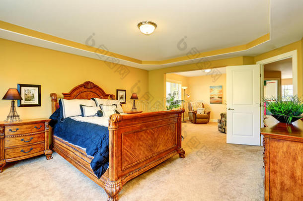 华丽的主卧室内部雕刻木床