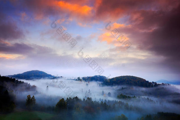 雾蒙蒙的早晨有美丽的橙色云。 寒冷的雾蒙蒙的早晨，在波西米亚瑞士公园的秋天山谷。 有雾的山丘