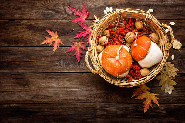 秋天的背景是树叶和南瓜，感恩节和万圣节卡片