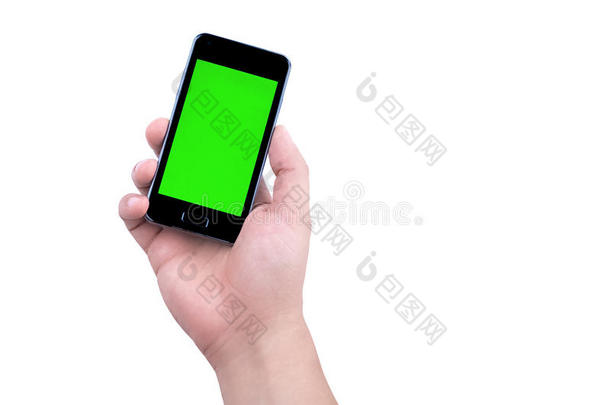 手拿手机智能手机与色度键绿色屏幕在白色背景