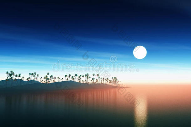 日落时有棕榈树的3D岛