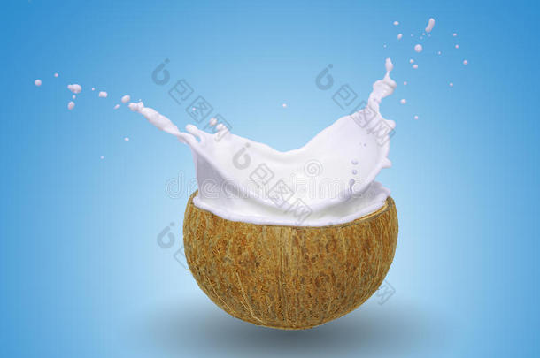 椰子在牛奶白奶油飞溅，