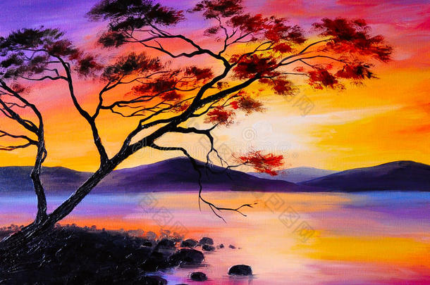 湖面上五颜六色的日落，油画，艺术水彩