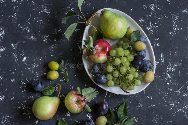 新鲜水果-葡萄，梨，苹果，李子在黑暗的背景