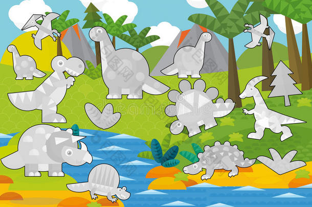 卡通场景-恐龙陆地-灰色恐龙-儿童插图