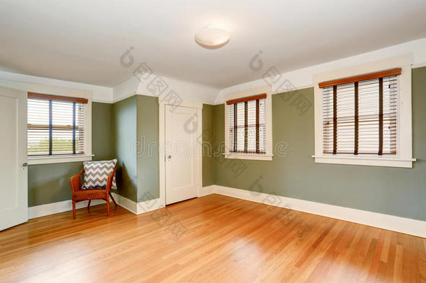 空荡荡的<strong>客厅</strong>内部有绿色的<strong>墙壁</strong>和硬木地板。