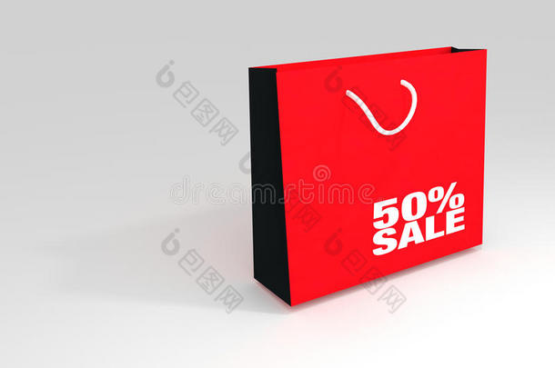 50%的折扣促销产品销售，红色购物袋和文字
