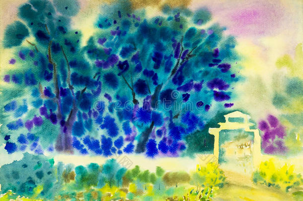 抽象水彩原始山水画色彩斑斓的蓝树和情感