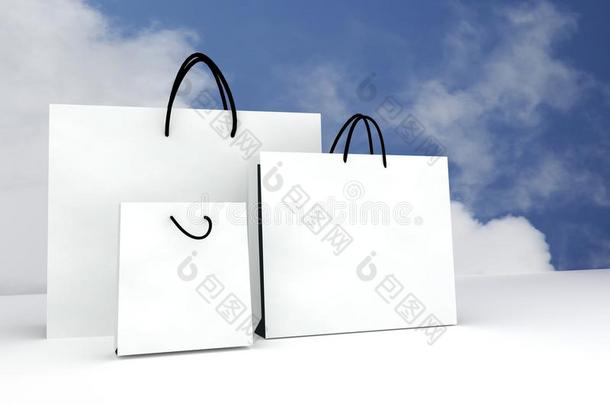 空一个三个大小的白纸购物袋，用于广告或品牌产品，蓝天背景，三维渲染插图