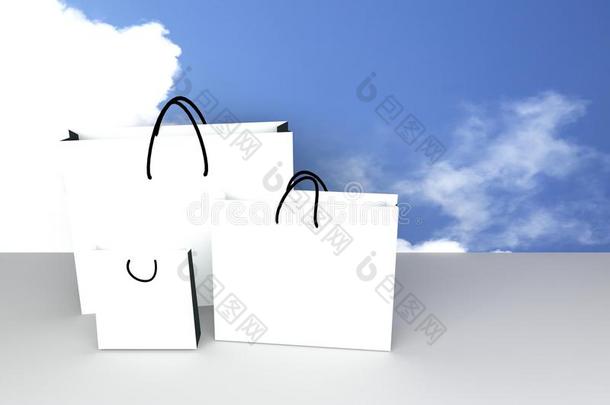 空一<strong>个三个</strong>大小的白纸购物袋，用于广告或品牌<strong>产品</strong>，蓝天背景，<strong>三</strong>维渲染插图